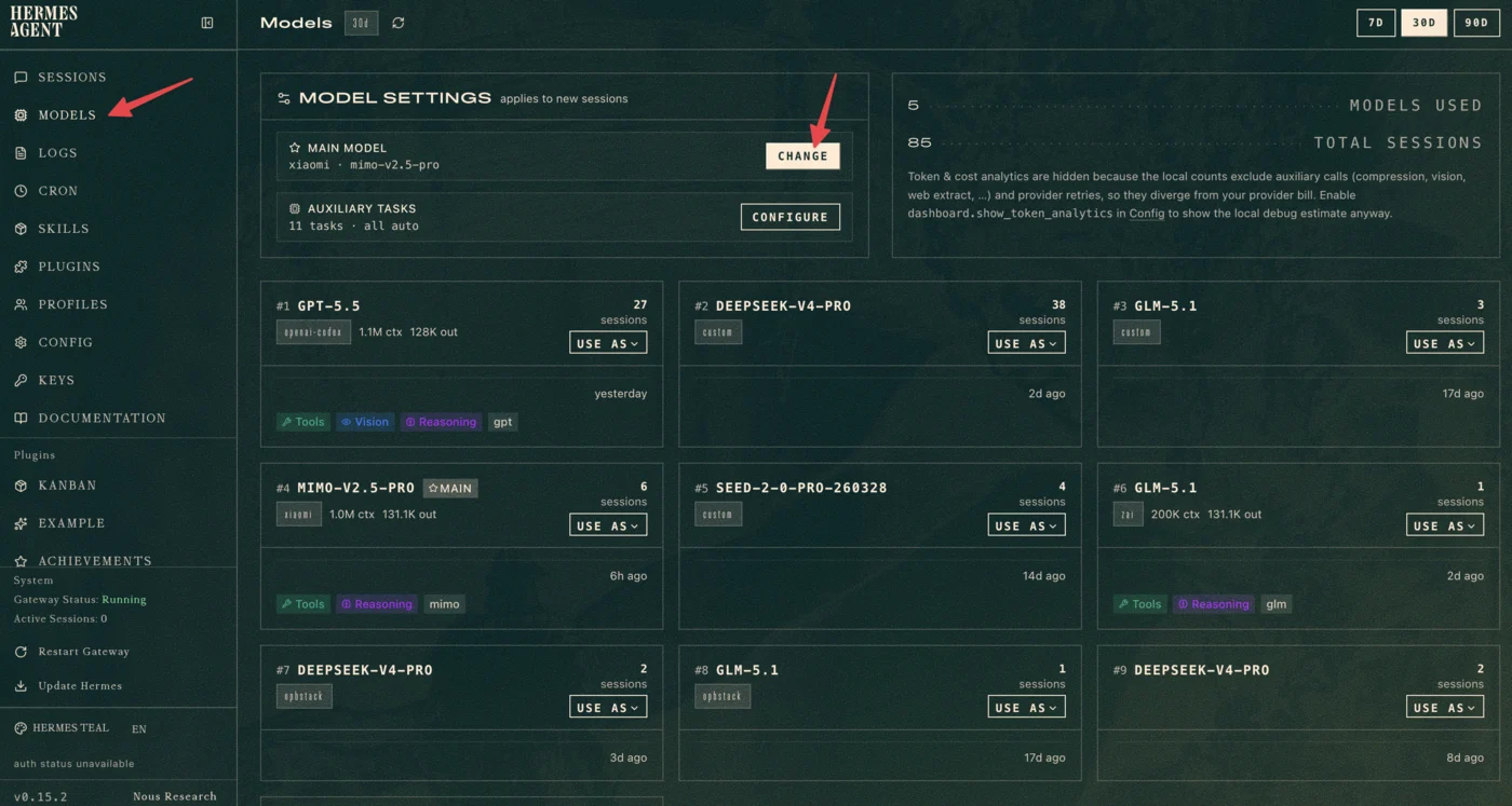 เปิดหน้า Models ใน Hermes Dashboard
