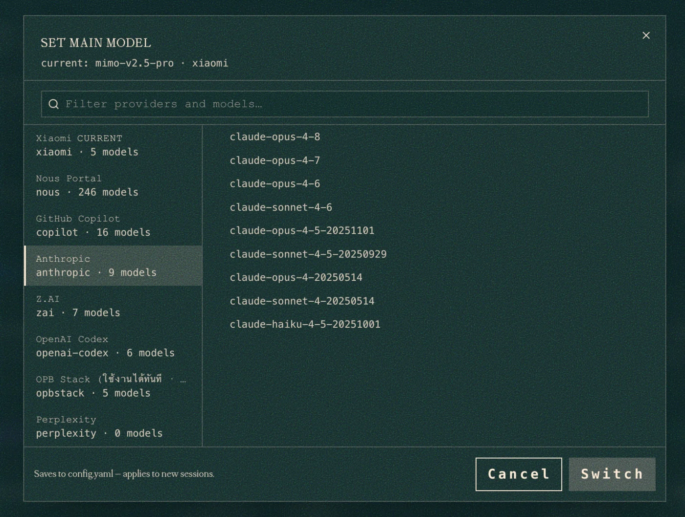 เลือก provider Anthropic และโมเดลใน Hermes Dashboard