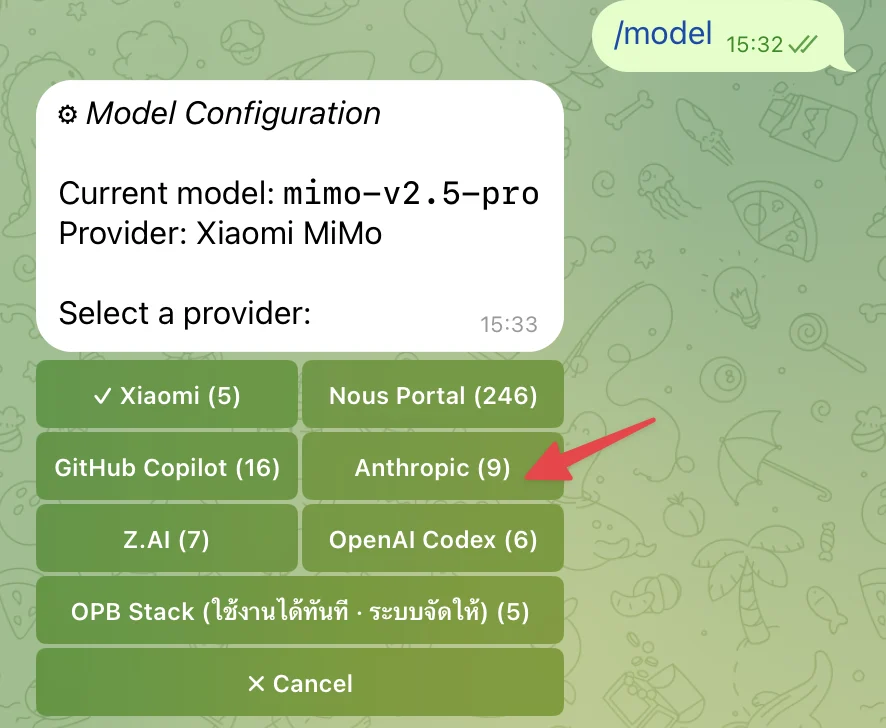 เลือก provider Anthropic ผ่านคำสั่ง /model ใน Telegram