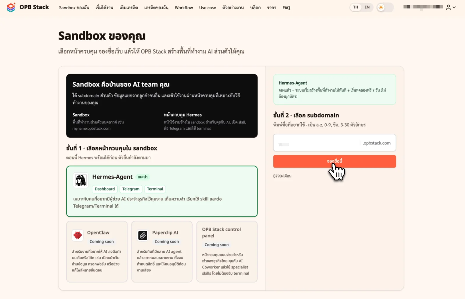 หน้า Sandbox Setting สำหรับเลือก Hermes Agent และจอง subdomain