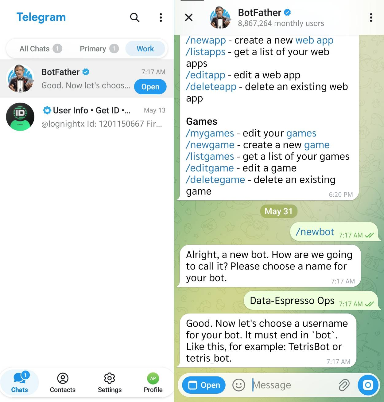 สร้าง bot ใหม่ผ่าน BotFather